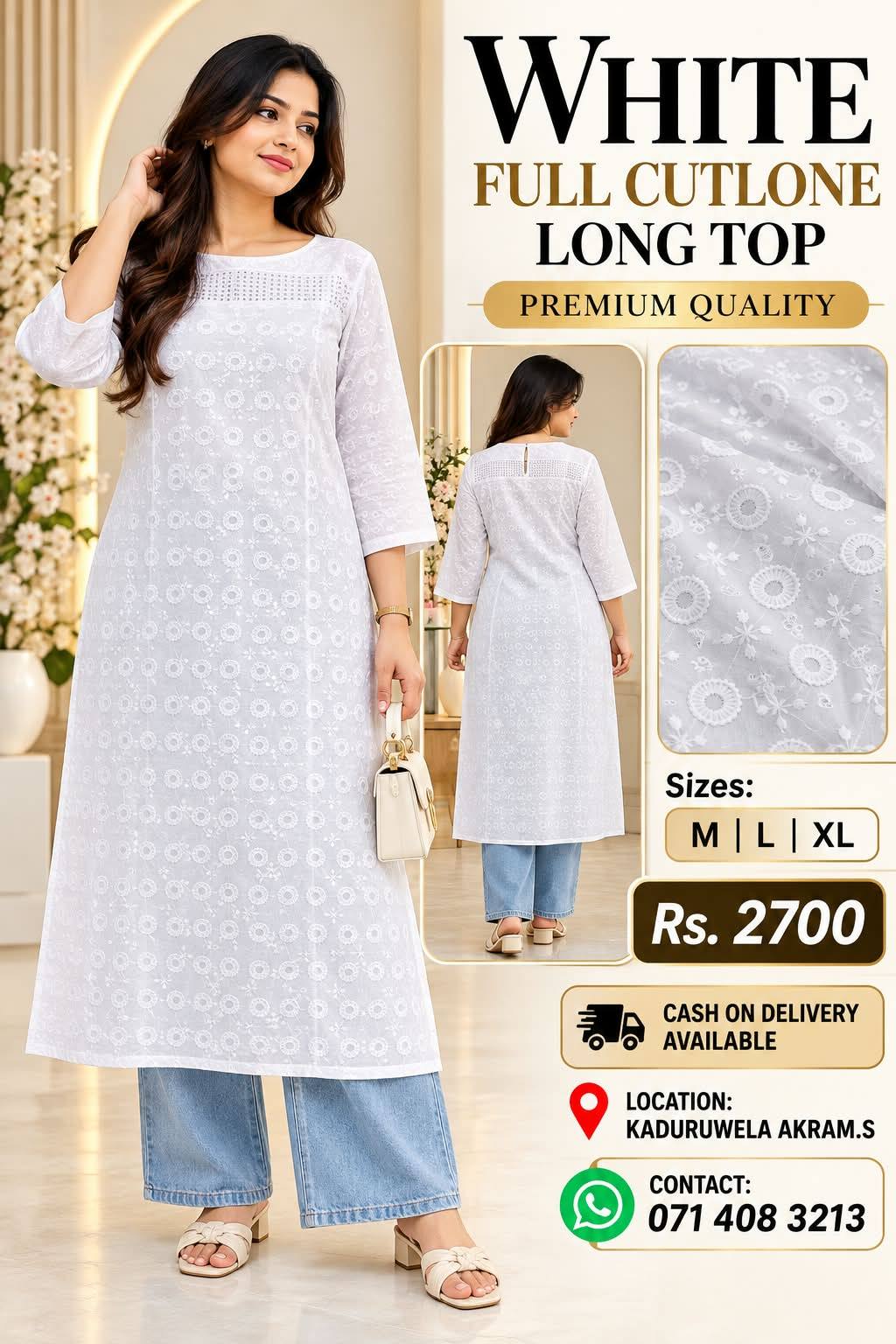 WHITE FULL CUTLON LONG TOP