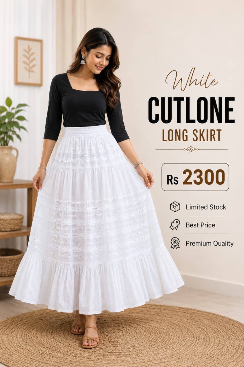 WHITE CUTLONE LONG FROCK – PREMIUM QUALITY