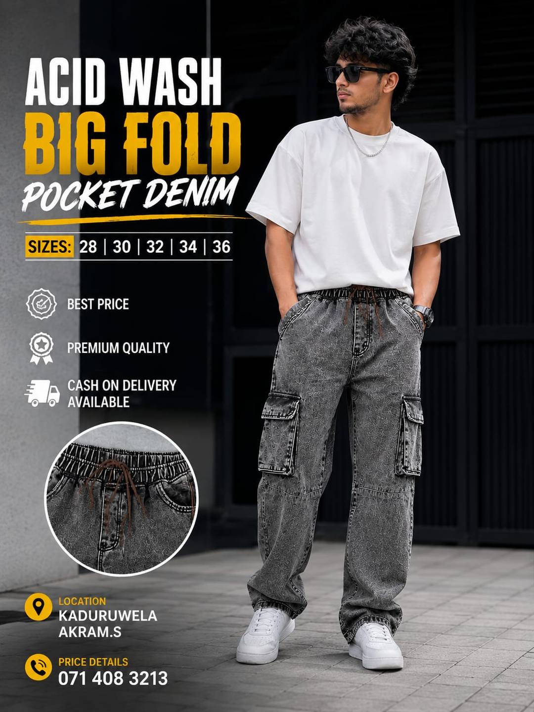NEW ARRIVAL ACID WASH BIG FOLD POCKET DENIM