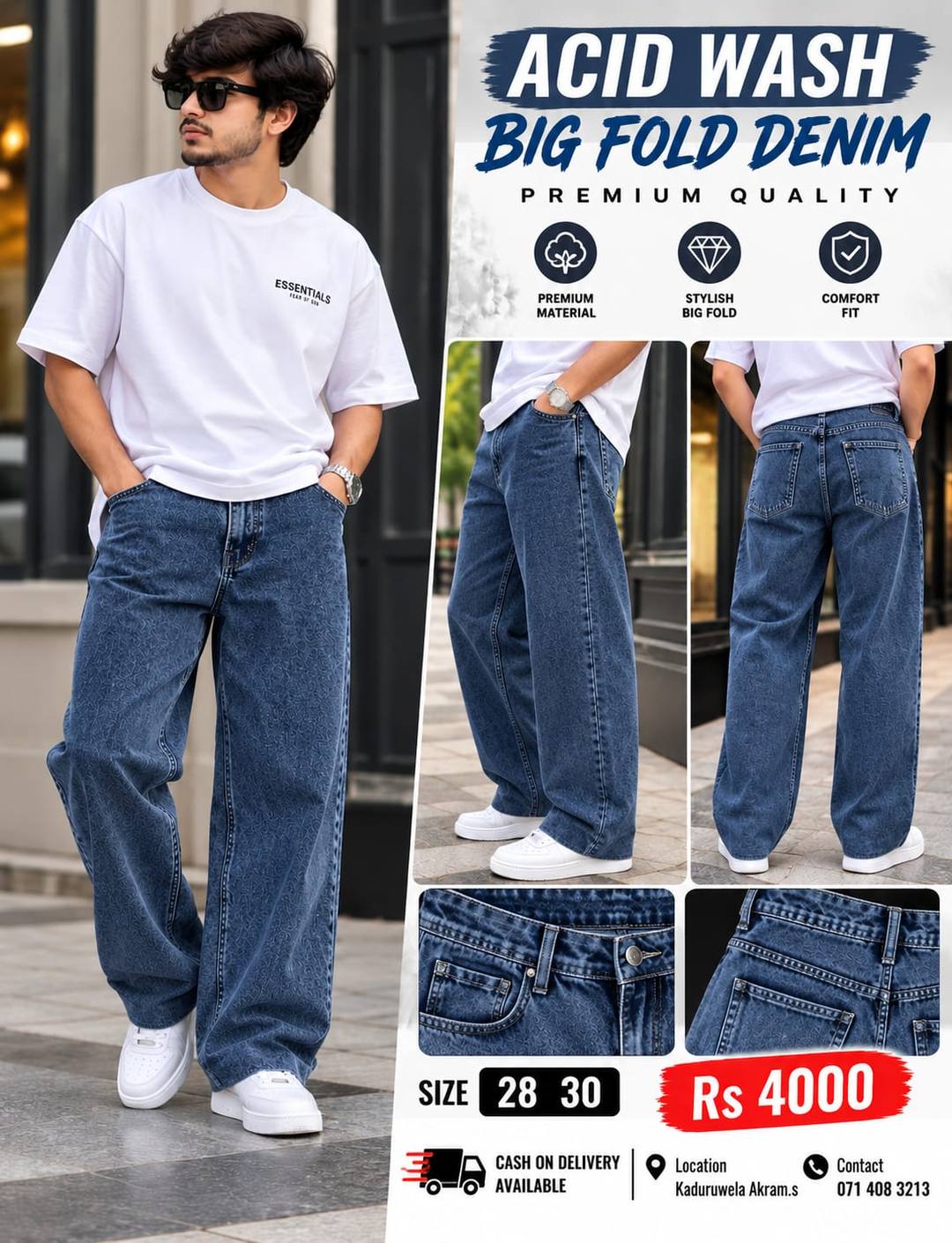 TRENDING ACID WASH BIG FOLD DENIM FOR SALE