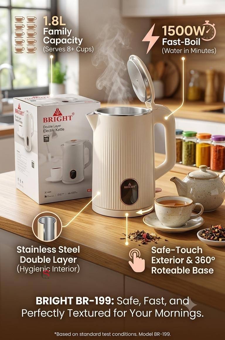 BRIGHT DOUBLE LAYER ELECTRIC KETTLE – BR-199 AVAILABLE HERE