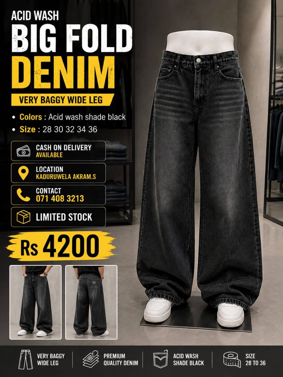 ACID WASH BIG FOLD DENIM AVAILABLE