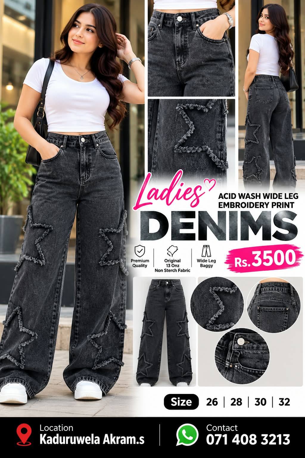 LADIES ACID WASH WIDE LEG DENIMS