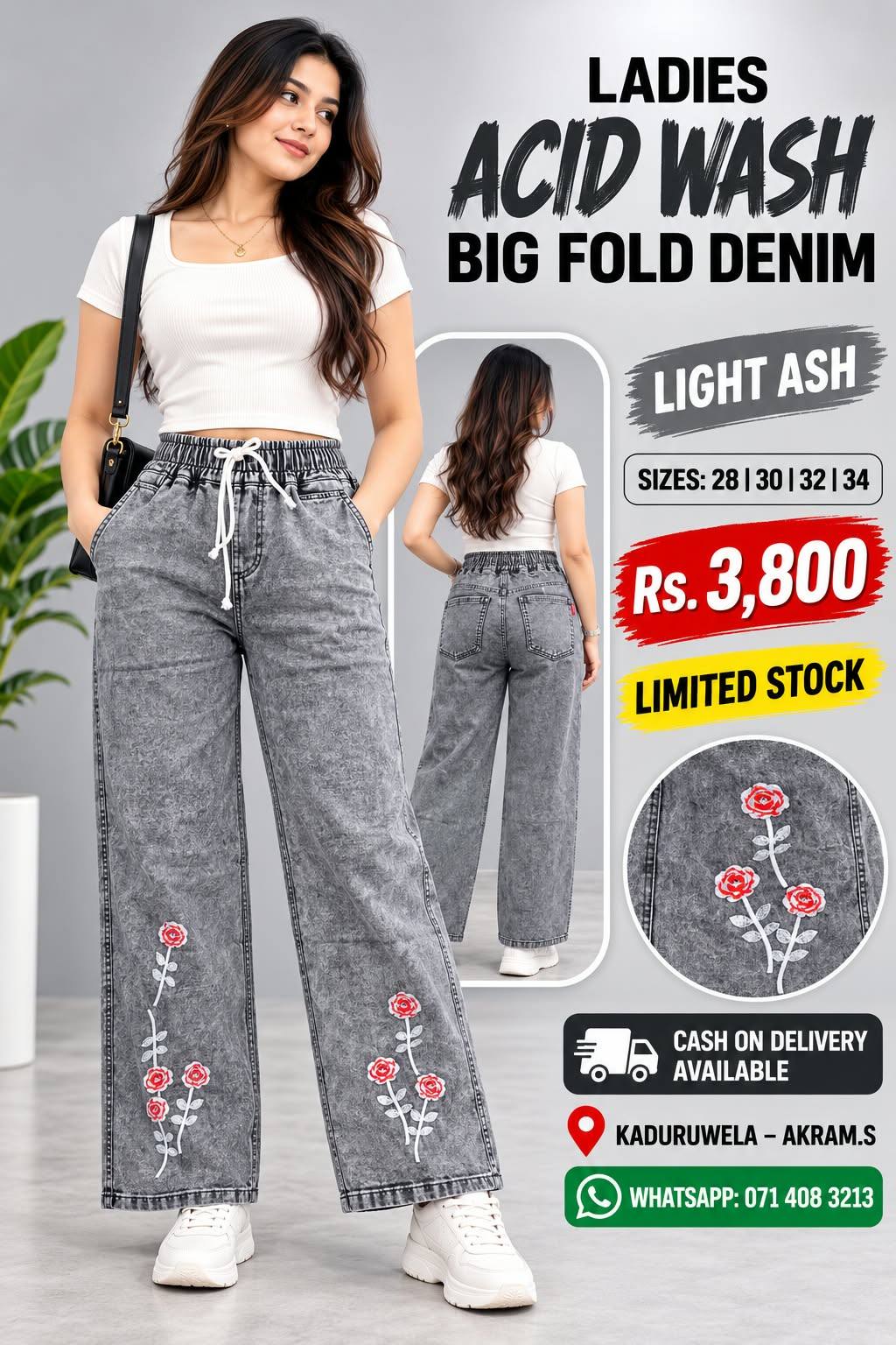 LADIES ACID WASH BIG FOLD DENIM JEANS