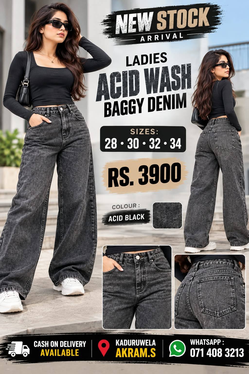 LADIES ACID WASH BAGGY DENIM JEANS