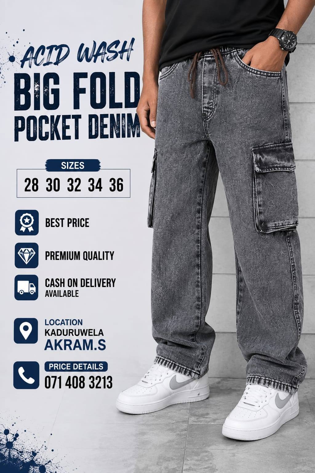 ACID WASH BIG FOLD POCKET DENIM