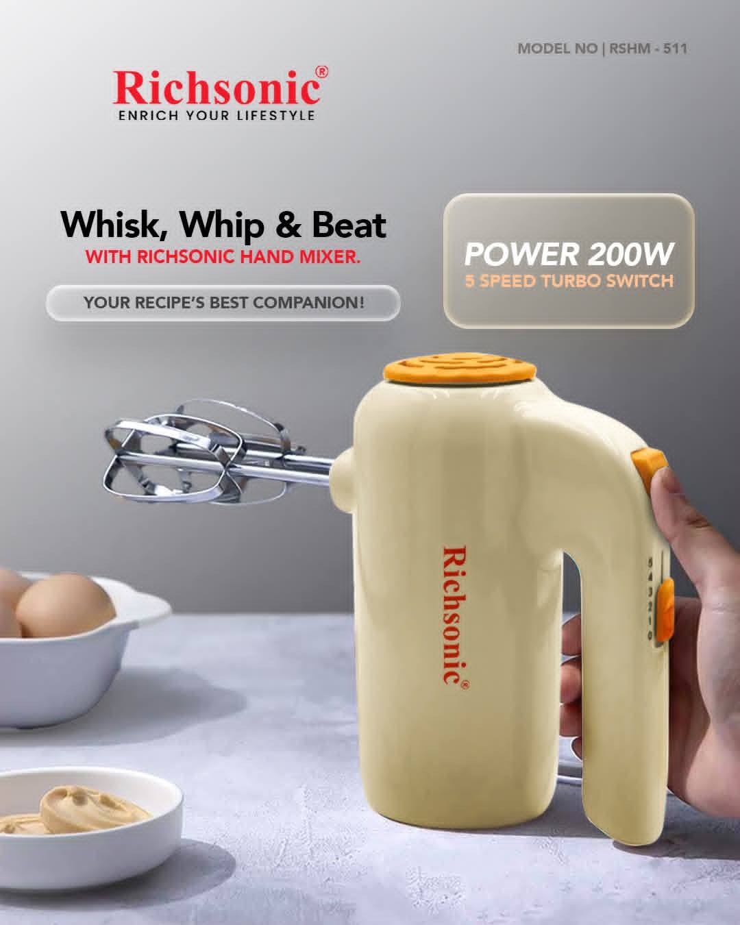 Richsonic Hand Mixer – Powerful 200W Motor