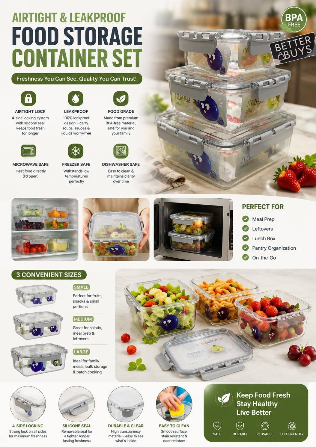 3pcs Airtight Acrylic Storage Container Set