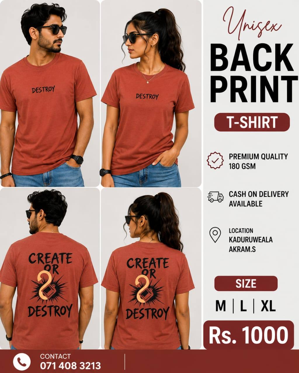 UNISEX BACK PRINT T-SHIRT FOR SALE