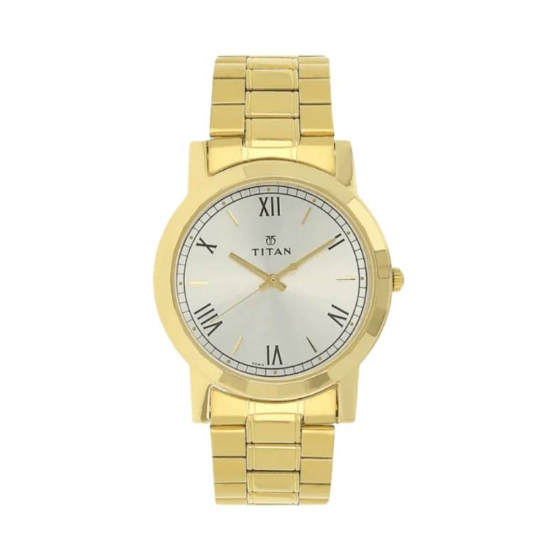Titan Quartz Analog Silver Round Dial Golden Stainless Steel Strap Watch For Men