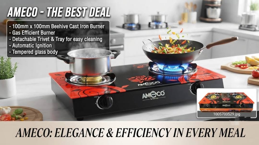 AMECO GLASS TOP DOUBLE BURNER GAS COOKER FOR SALE