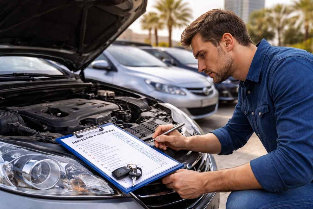 Buyer checking a used car's engine with a checklist before buying from a seller in Sri Lanka