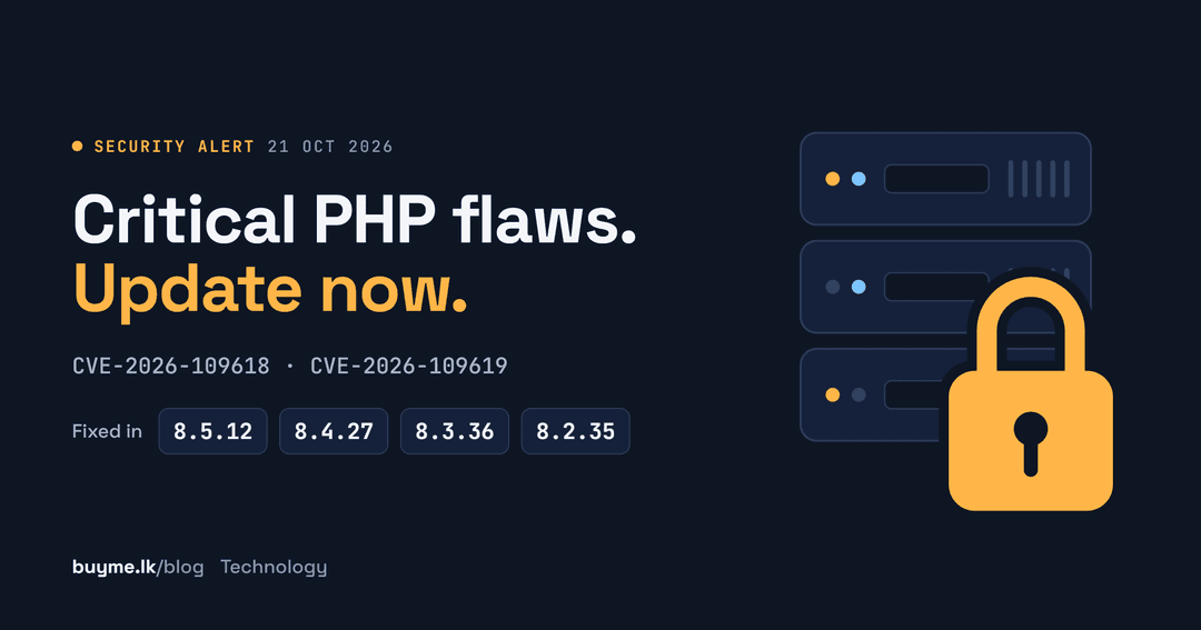 Server and padlock illustration with the headline “Critical PHP flaws. Update now.” and fixed PHP versions