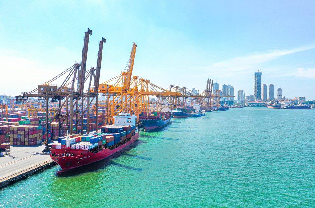 Container cranes and ships at the Port of Colombo, Sri Lanka