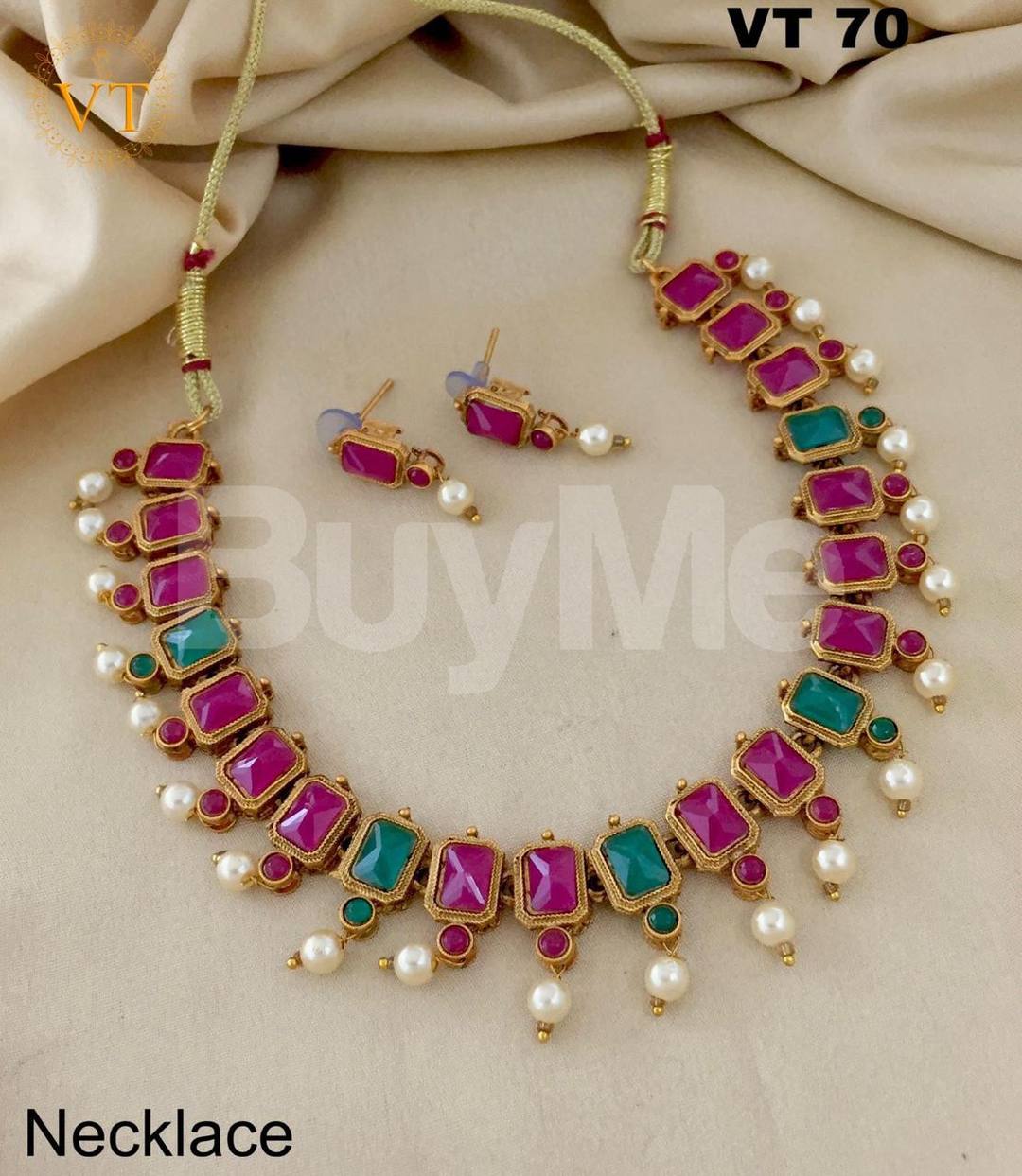 NECKLACE WITH  MAGENTA & GREEN STONES