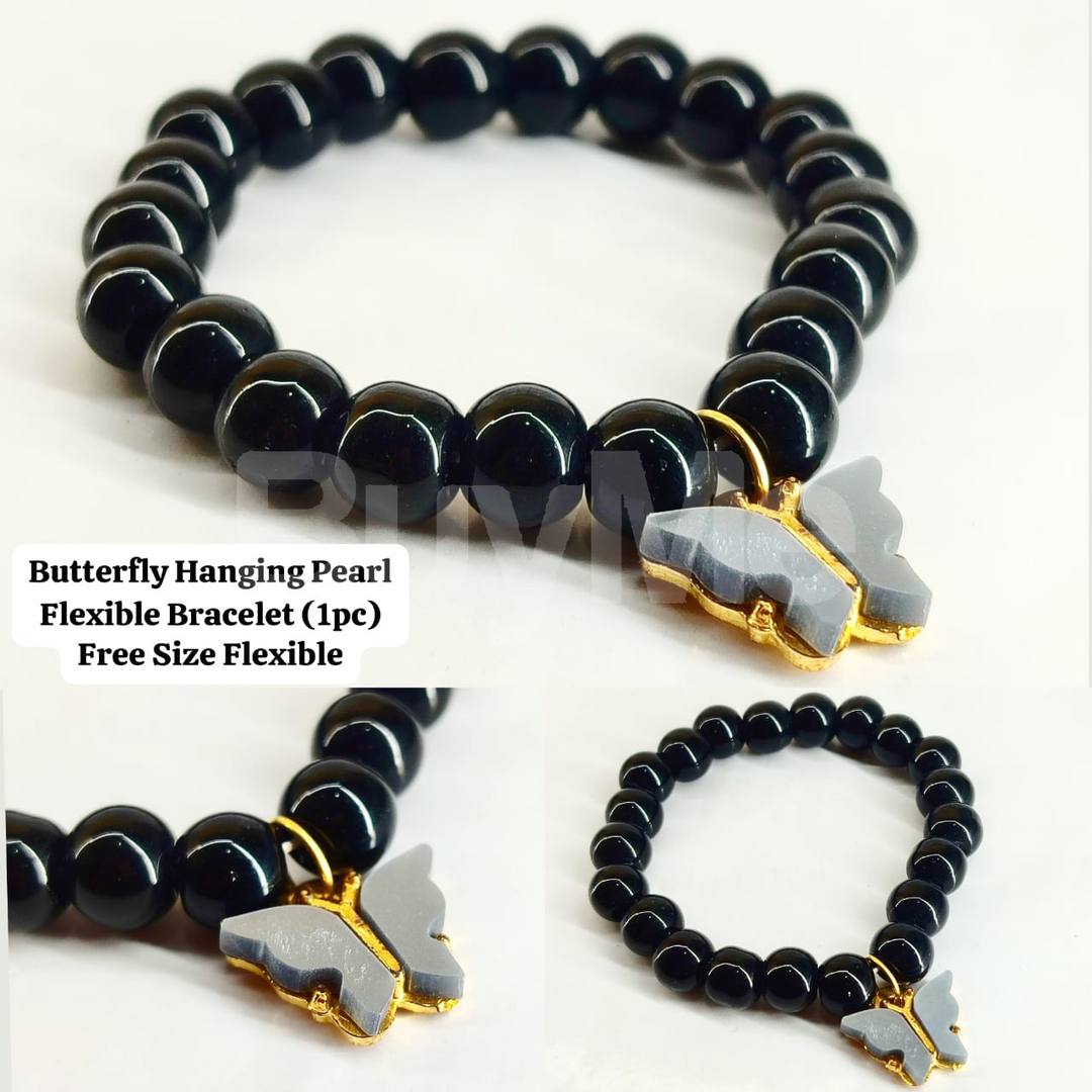 BUTTERFLY HANGING PEARL FLEXIBLE BRACELET - BLACK