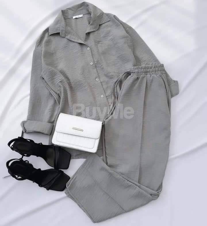 BUTTON UP TOP AND DRAWSTRING WIDE LEG PANT OUTFIT SET - GREY