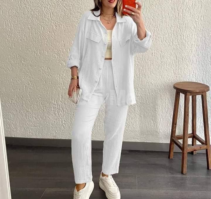 WOMEN SHIRT AND PANT OUTFIT SET - WHITE
