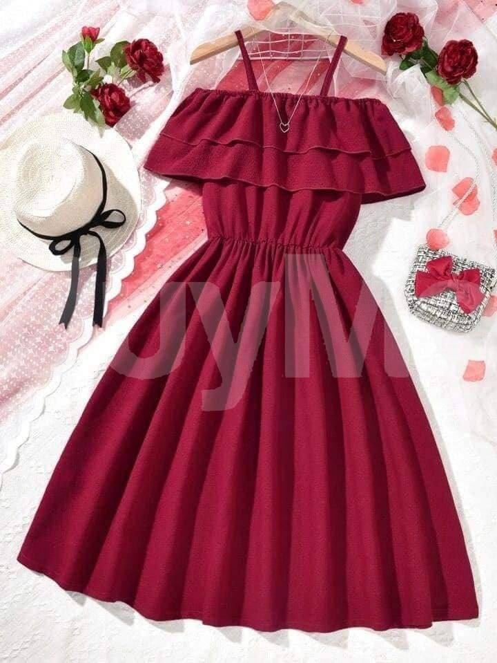 GIRLS OFF SHOULDER RUFFLE TRIM DRESS - MAROON