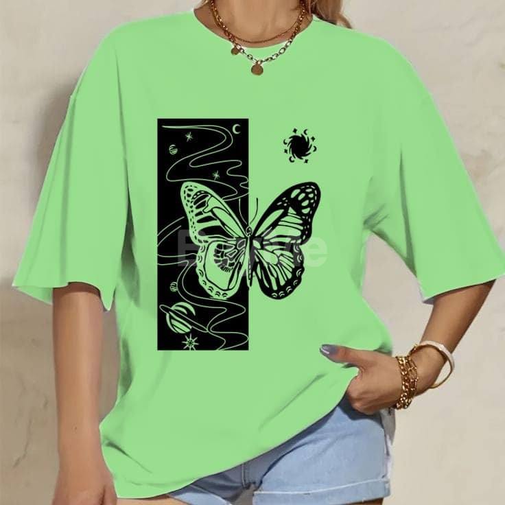 BUTTERFLY PRINT BAGGY TSHIRT - DULL GREEN