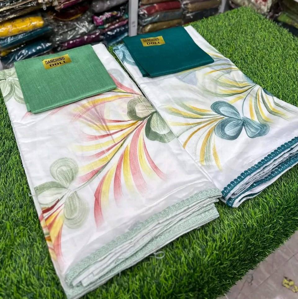COTTON SAREE WITH PAINT WORK - GREEN