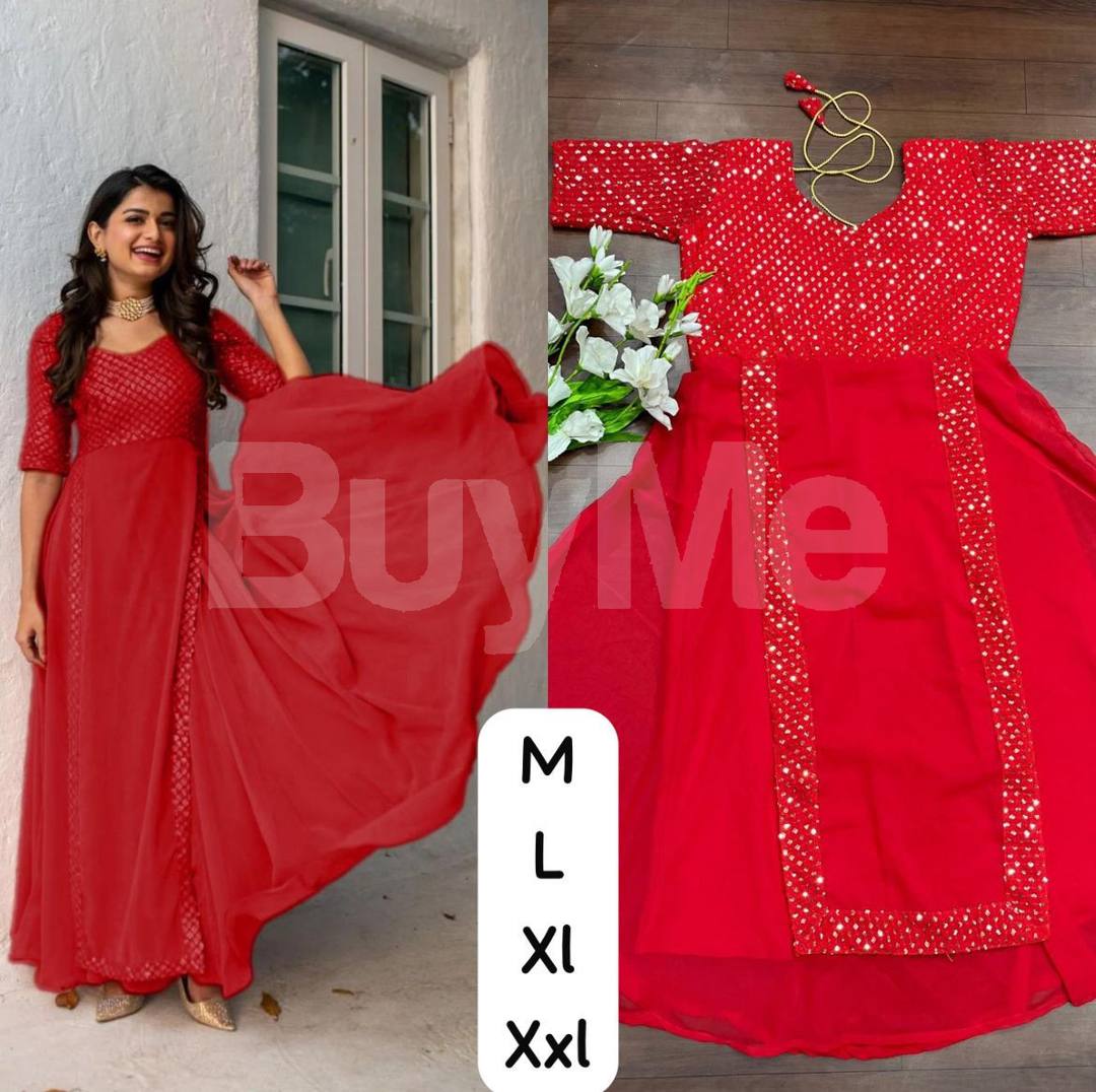 HEAVY EMBROIDERY SEQUENCE WORK GOWN- RED