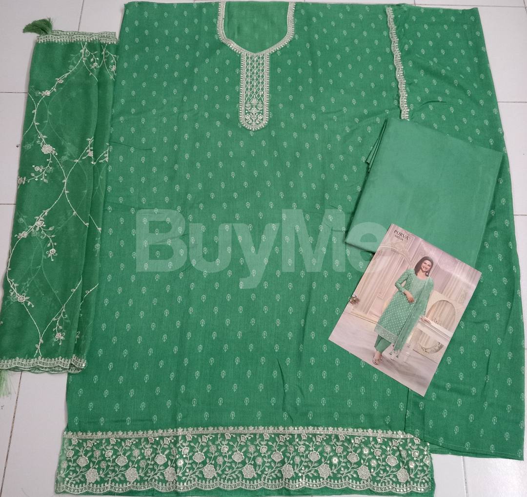 HEAVY SILK PRINT WITH SEQUENCE EMBROIDERY STITCH WORK- MINT GREEN