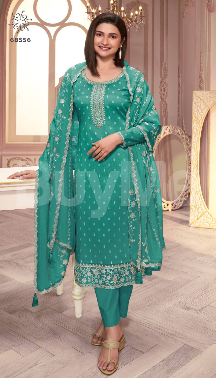 HEAVY SILK PRINT WITH SEQUENCE EMBROIDERY STITCH WORK- EMERALD GREEN