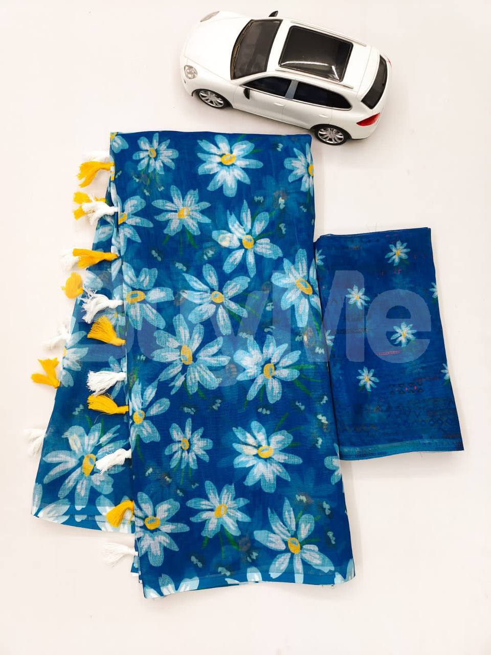 LINEN SAREE WITH DIGITAL PRINT - DARK BLUE