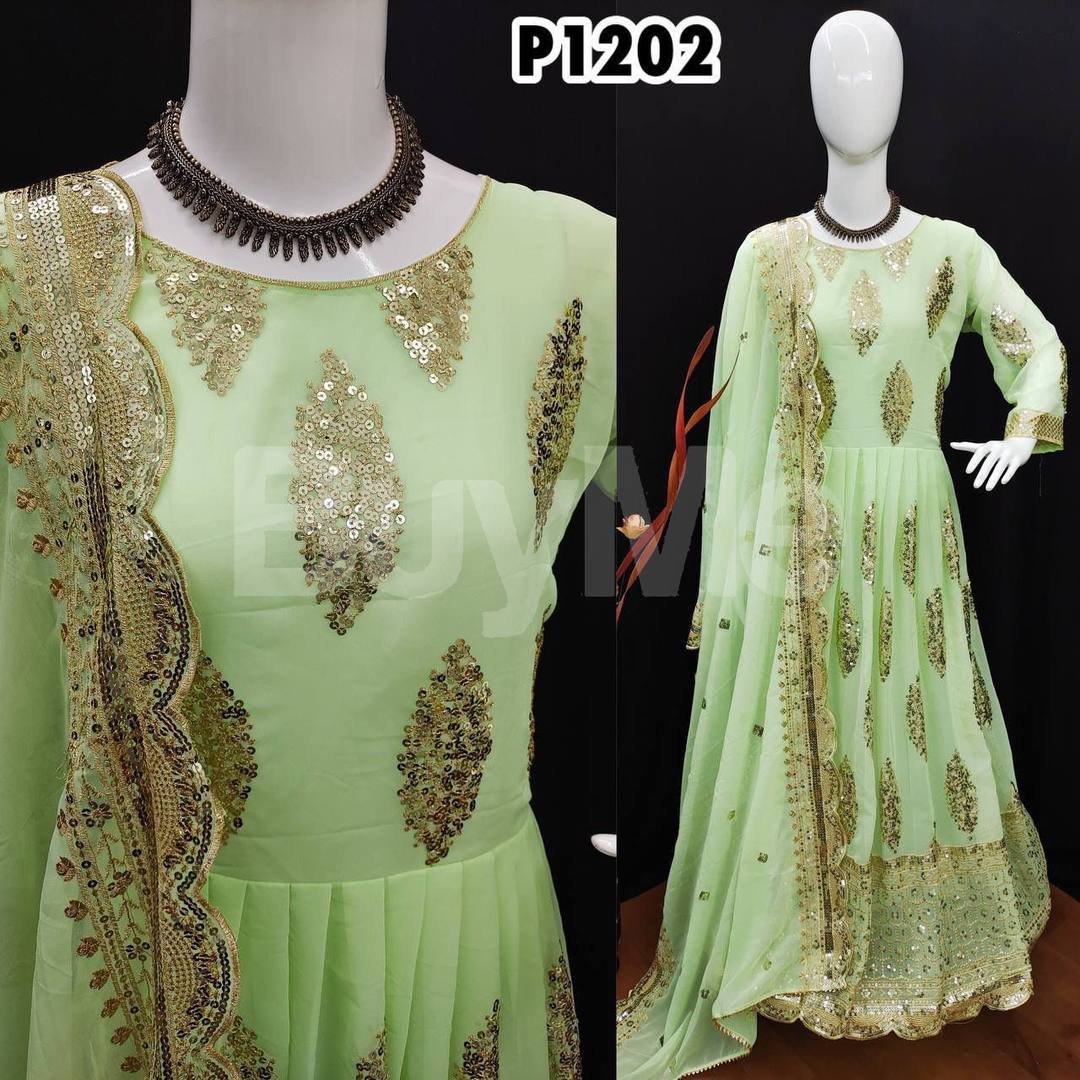 GEORGEET WITH HEAVY EMBROIDERY SEQUENCE DESIGN WORK - LIGHT GREEN