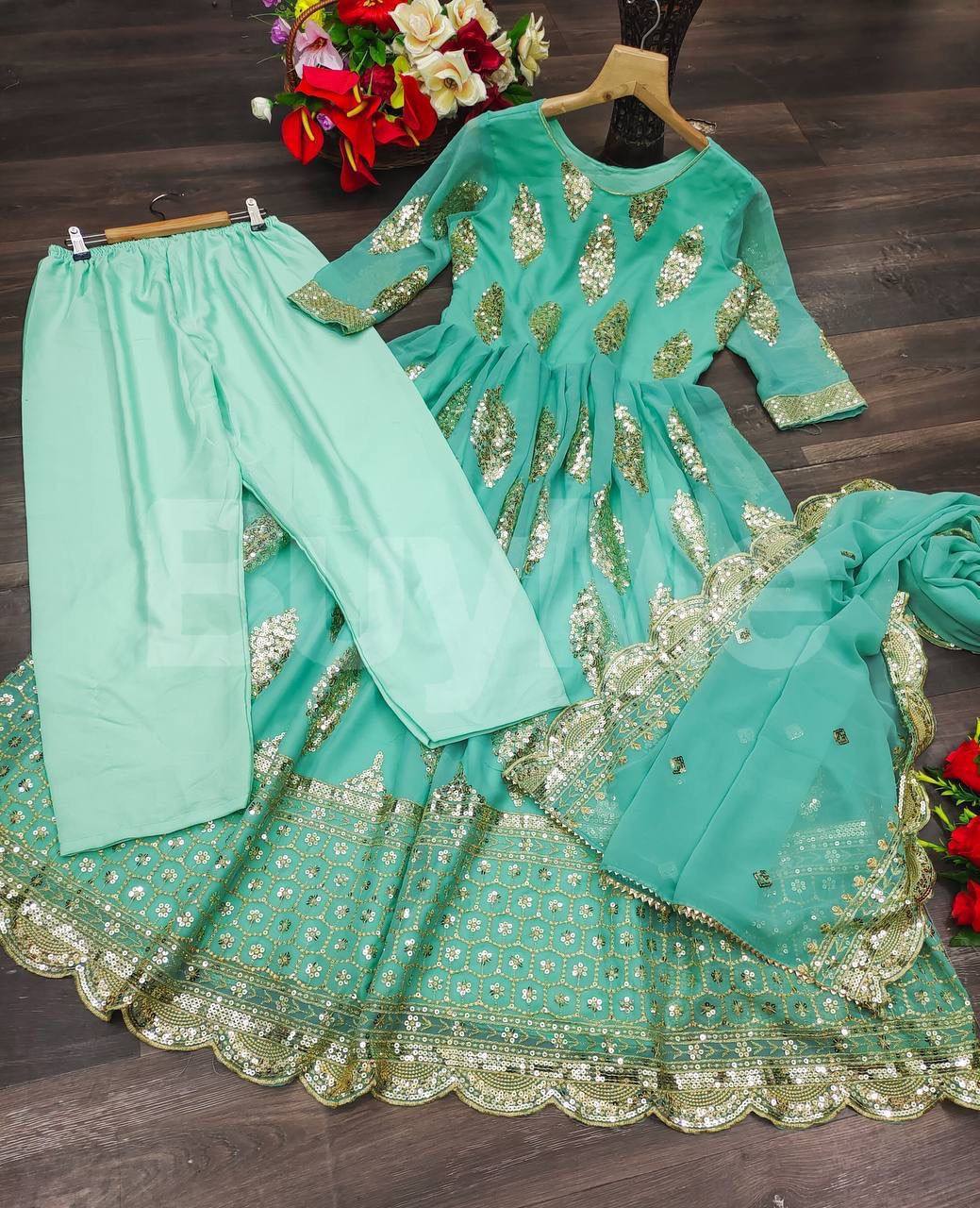 EORGEET WITH HEAVY EMBROIDERY SEQUENCE DESIGN WORK - LIGHT BLUE