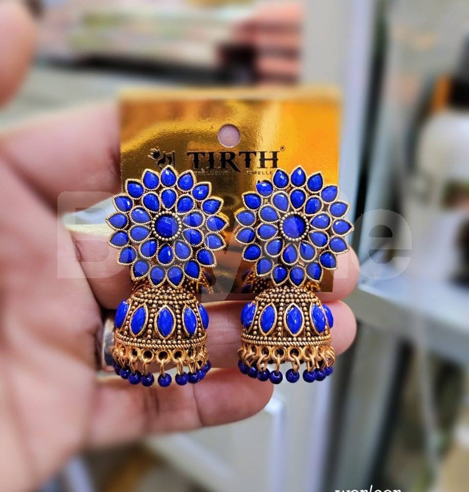 FLORAL JUMKI EARRINGS - BLUE
