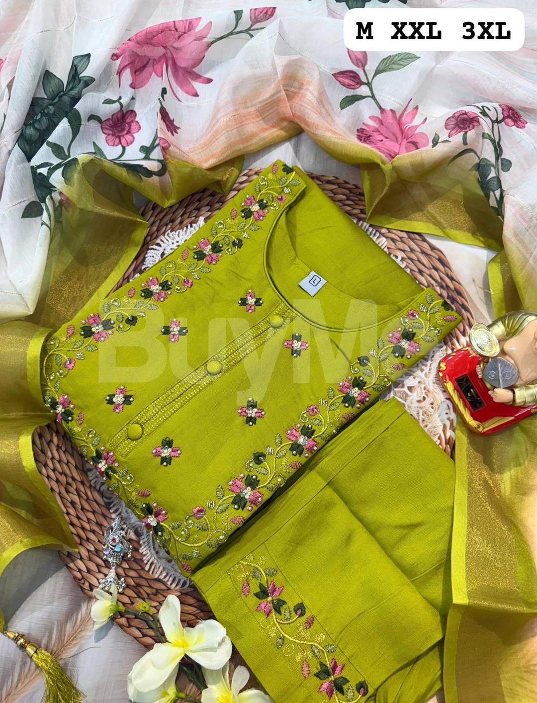 HANDWORK KURTI WITH DUPATTA PANTS SET - OLIVE GREEN