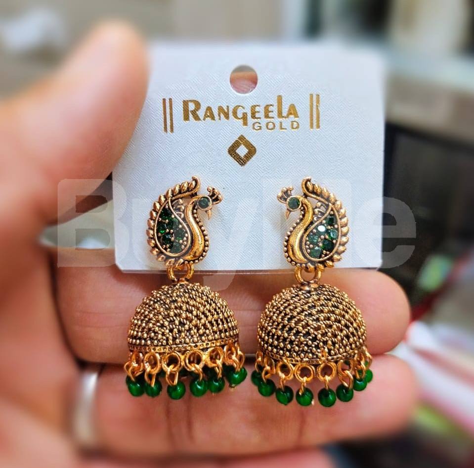 PEACOCK DESIGN JUMKI EARRINGS - GREEN