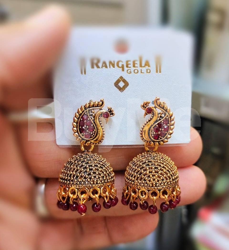 PEACOCK DESIGN JUMKI EARRINGS - MAROON