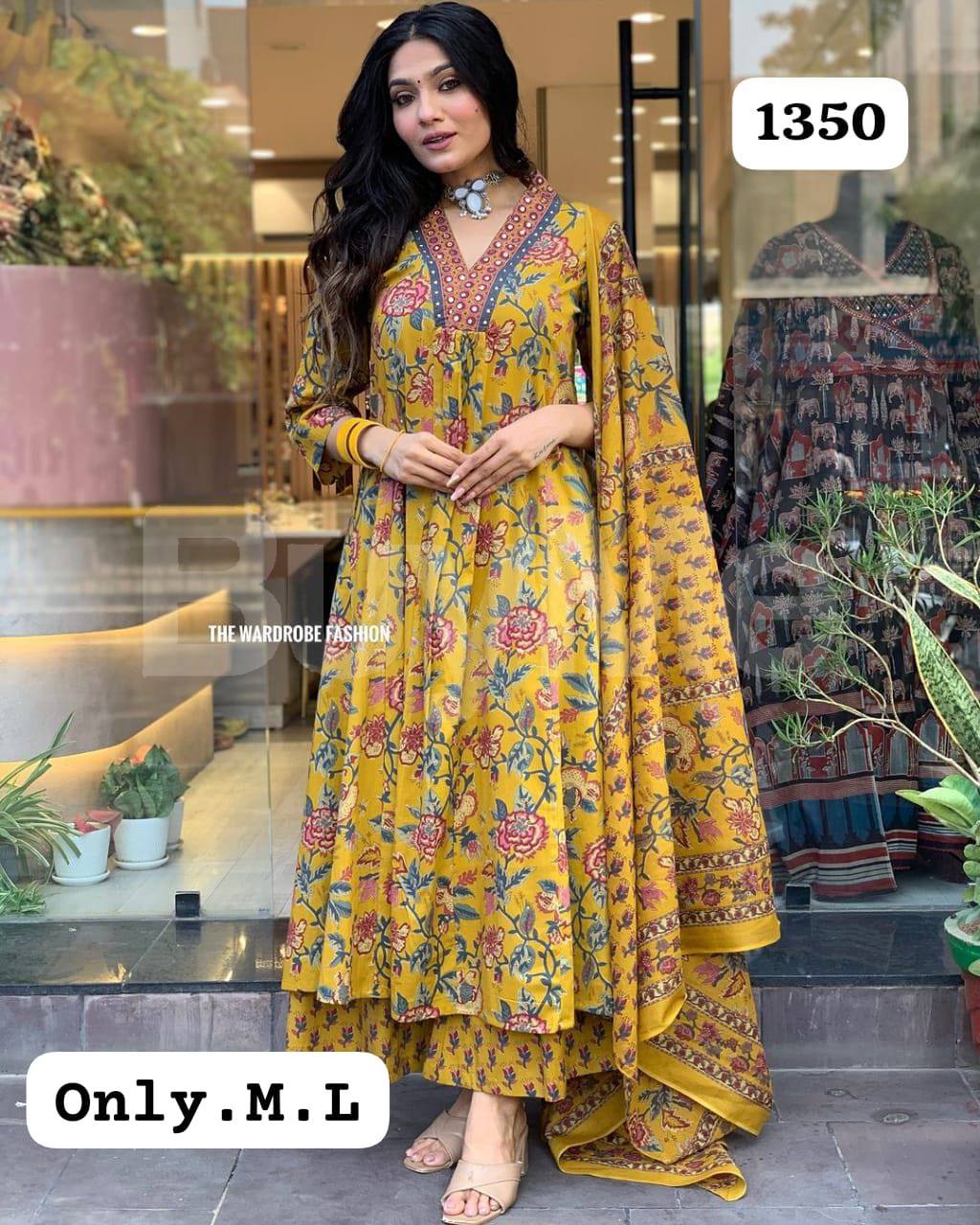 FLORAL PRINT BEAUTIFUL KURTI PANT WITH COTTON DUPATTA - YELLOW MIXED