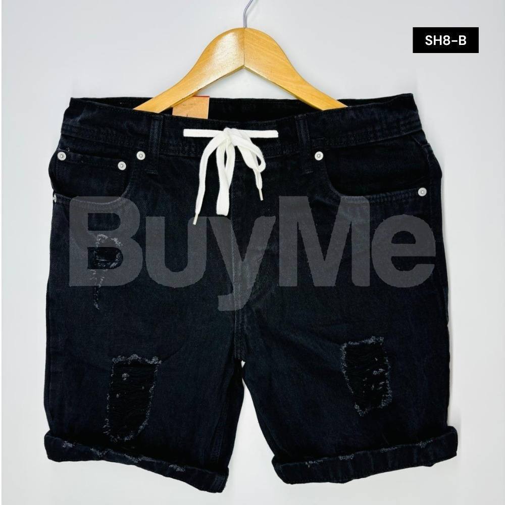 MENS DENIM PATCH SHORTS - BLACK