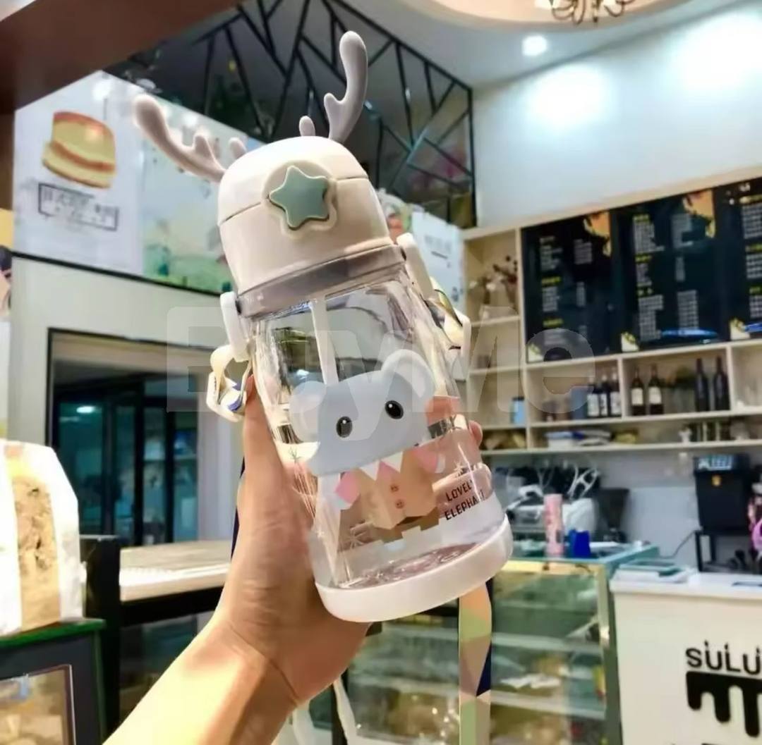 CHILDREN STRAW WATER BOTTLE SHOULDER STRAP SCHOOL DRINKING WATER CUP KIDS BOY GIRL BOTTLE - GREY