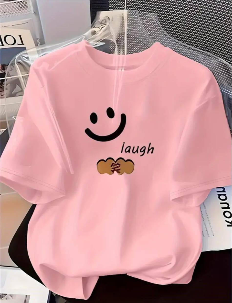 PINK T-SHIRT WITH 'LAUGH' PRINT