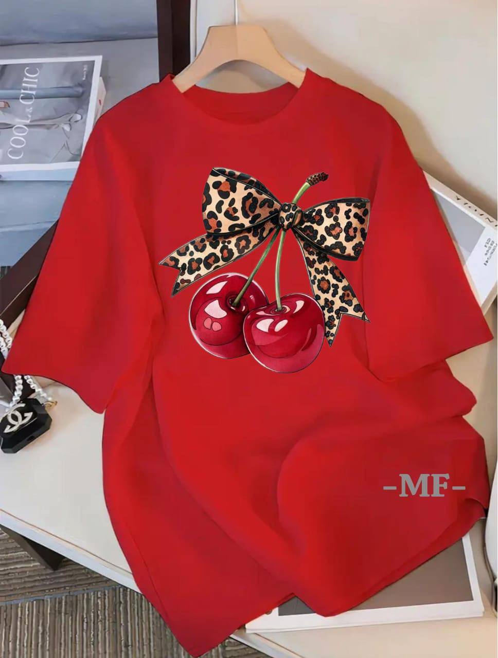 RED TEE WITH 'CHERRIES AND RIBBON BOW' PRINT