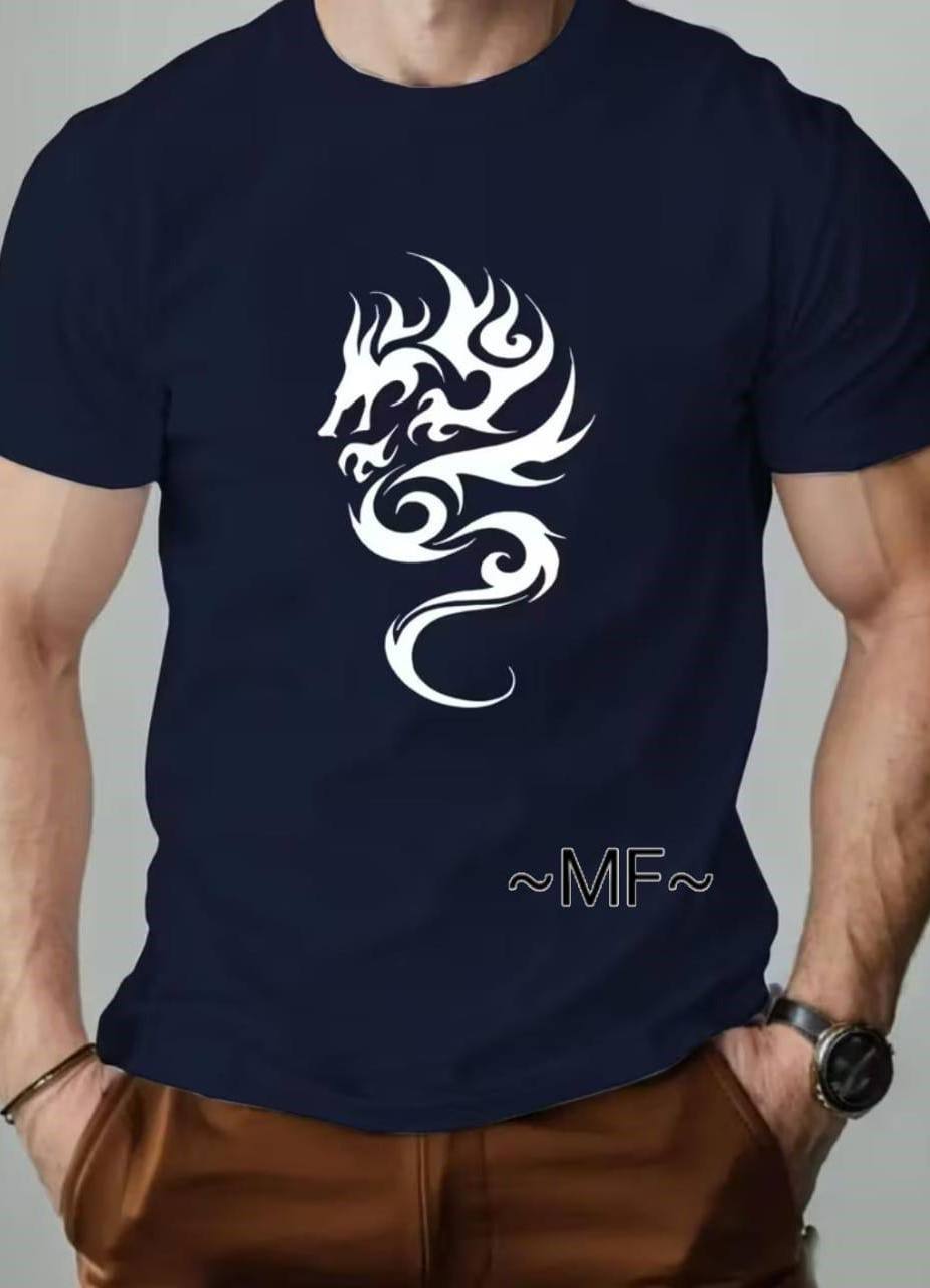 NAVY BLUE TEE WITH DRAGON TATOO PRINT