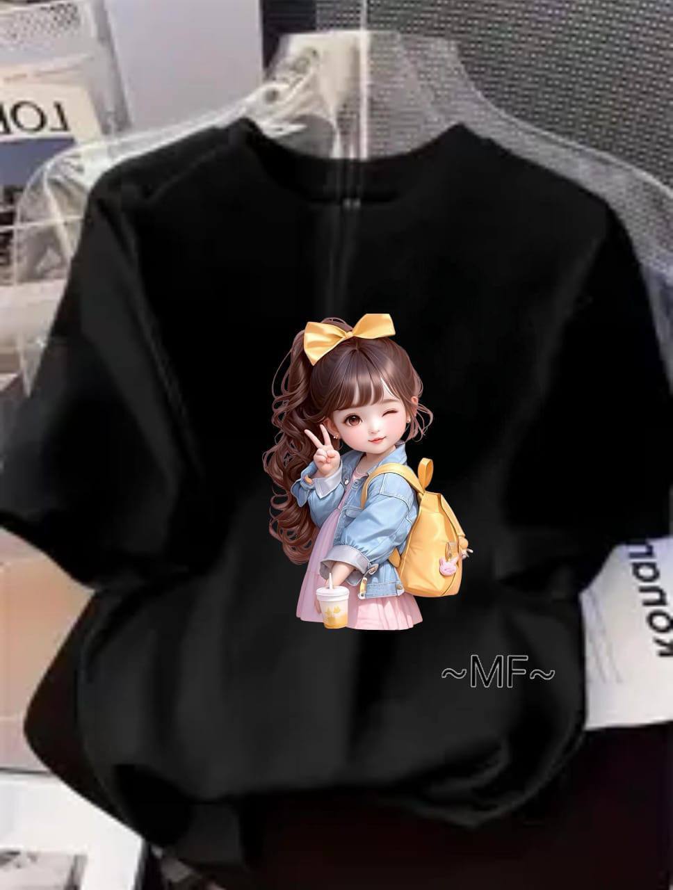 BLACK TEE WITH CUTE GIRL PRINT