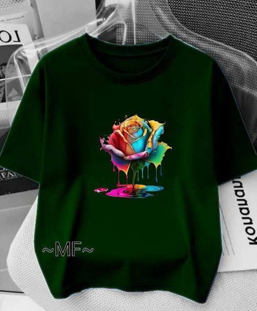 DARK GREEN TEE WITH FLOWER DESIGN