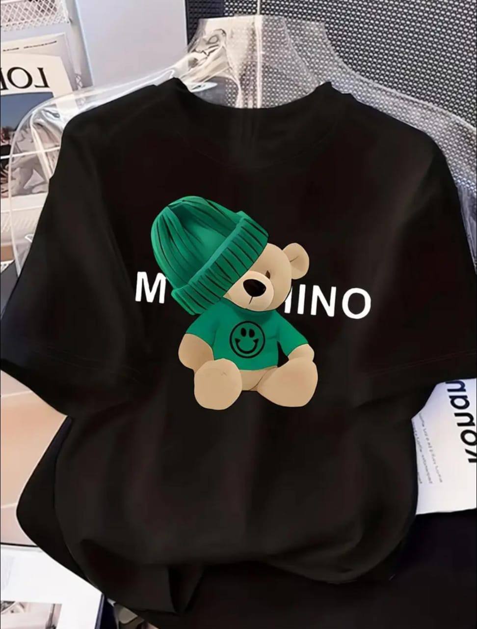 BLACK TEE WITH TEDDY BEAR PRINT