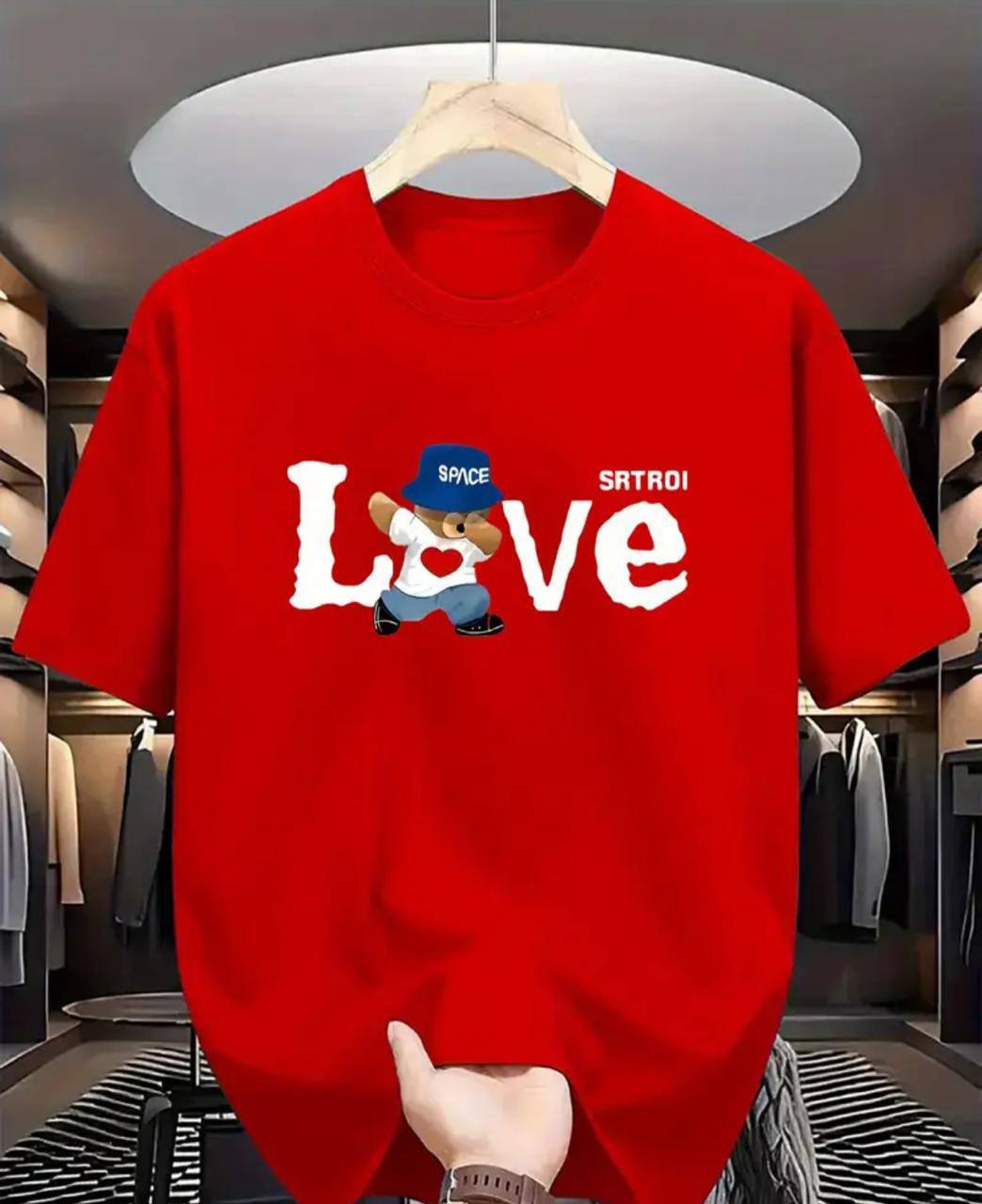 RED TEE WITH 'LOVE SPACE' PRINT