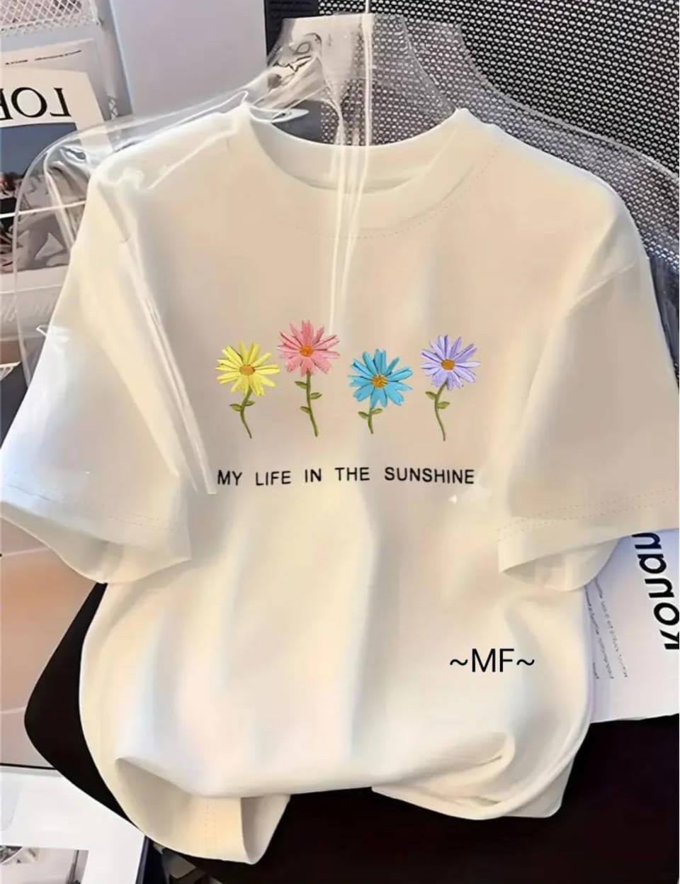 WHITE TEE WITH 'MY LIFE IN THE SUNSHINE' PRINT