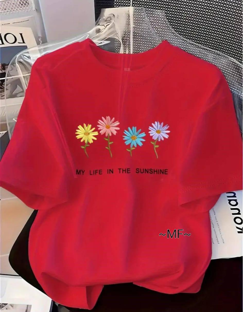 RED TEE WITH 'MY LIFE IN THE SUNSHINE' PRINT