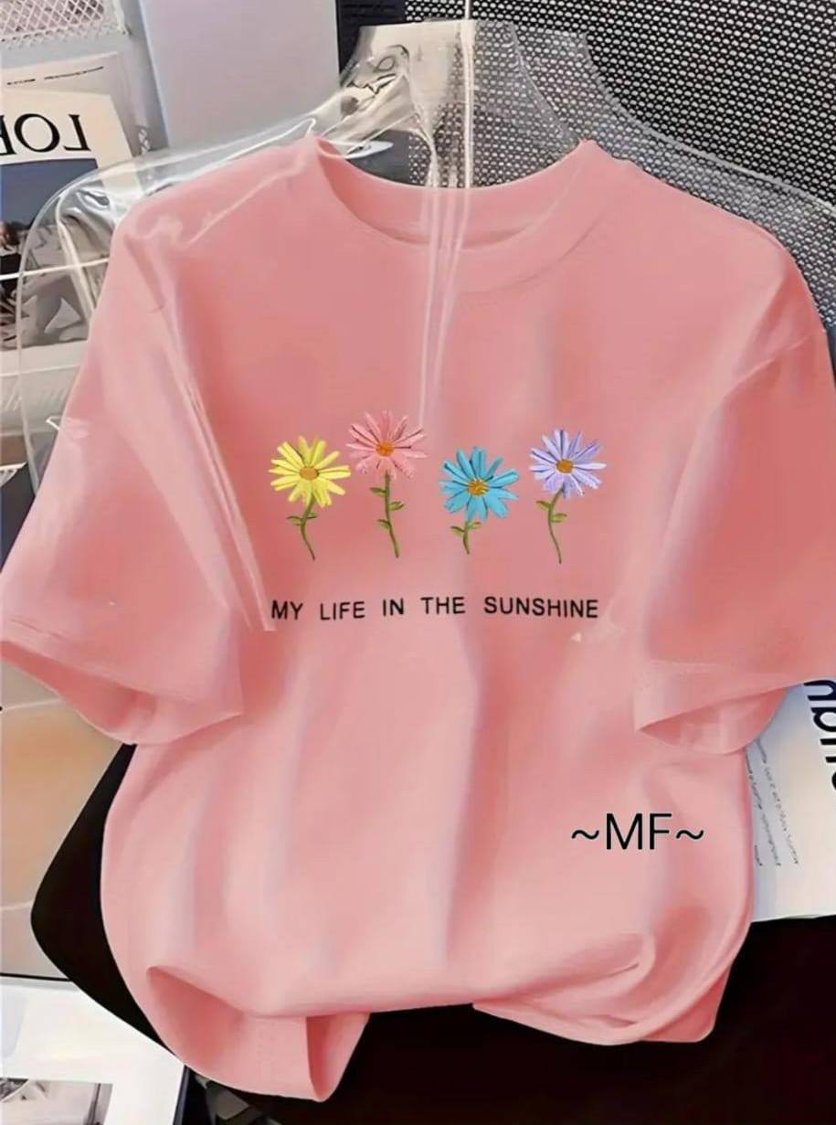 SALMON PINK TEE WITH 'MY LIFE IN THE SUNSHINE' PRINT