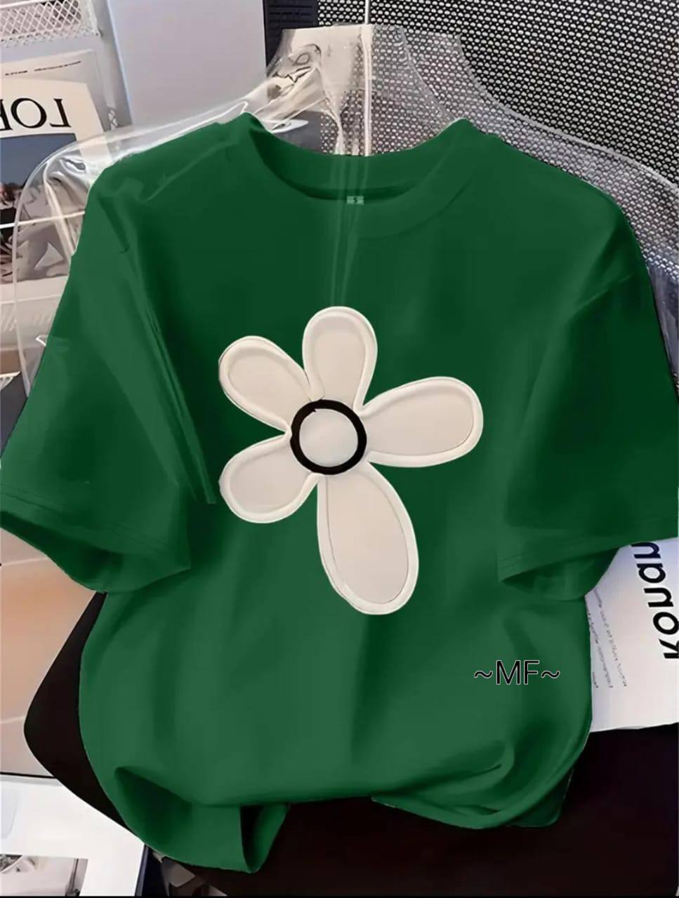 DARK GREEN TEE WITH A FLORAL PRINT