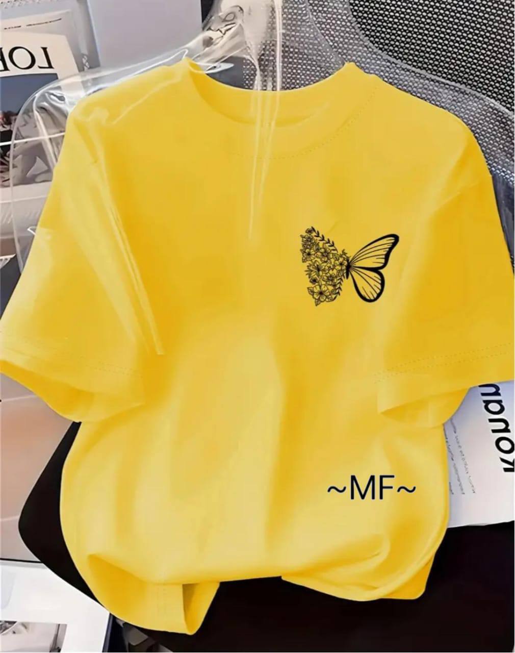 YELLOW TEE WITH BUTTERFLY PRINT